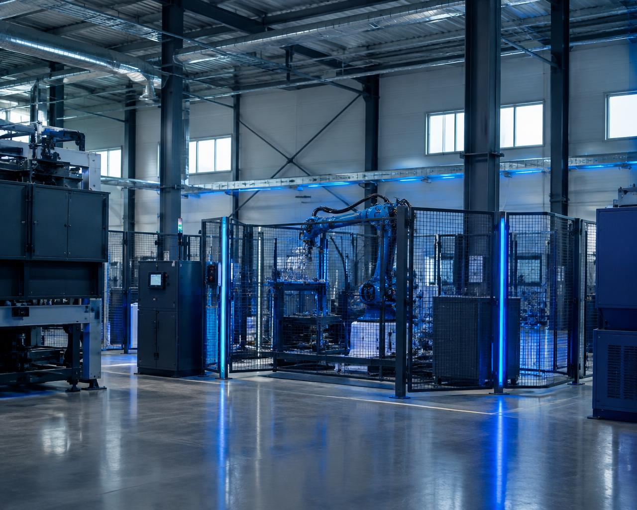 Modern tillverkningshall med robotcell bakom skyddsstängsel